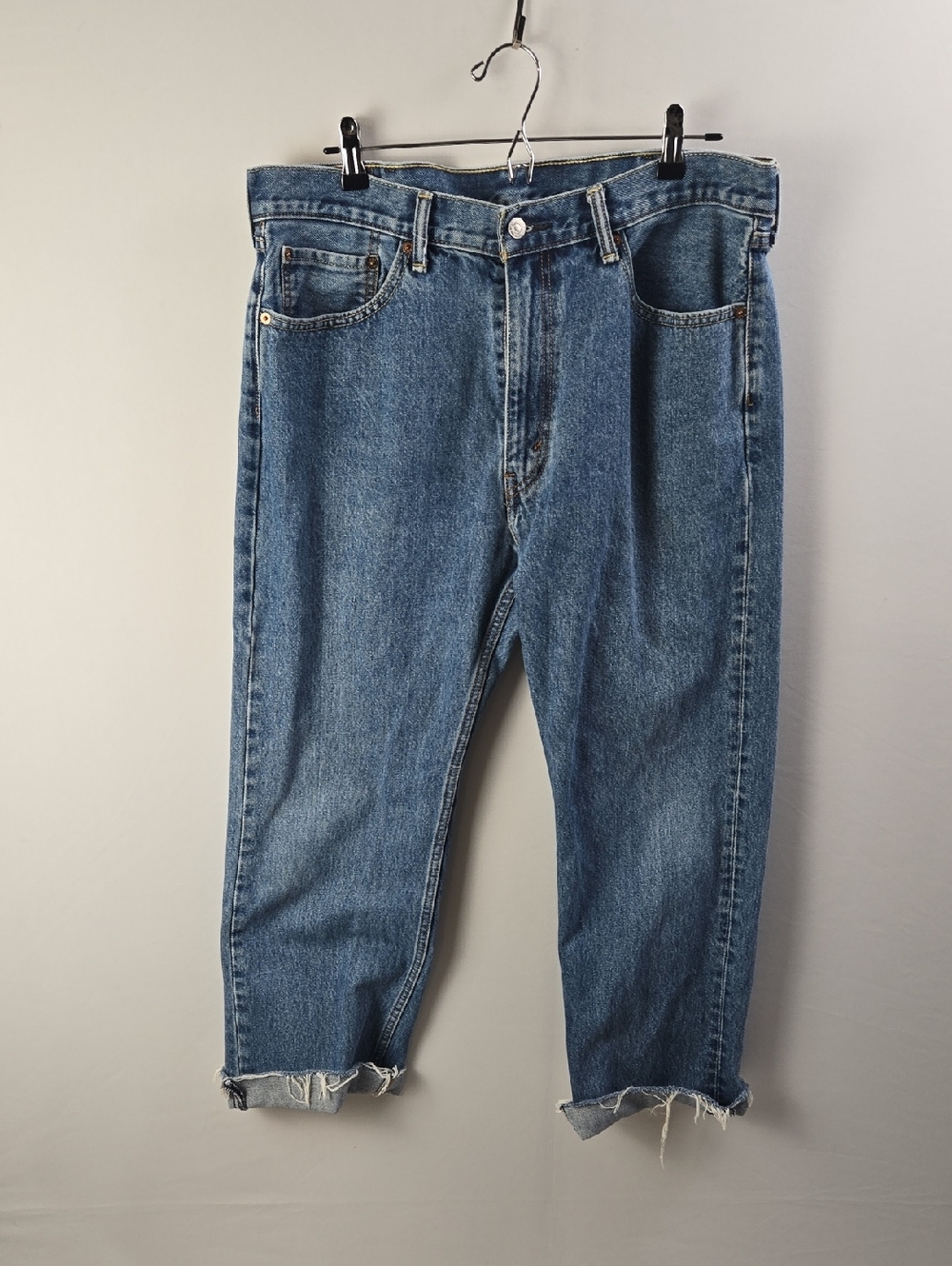 Levi's Men's 505 Straight Blue Denim Leg Jeans 33W Cut Off Frayed Hems Euro Boho